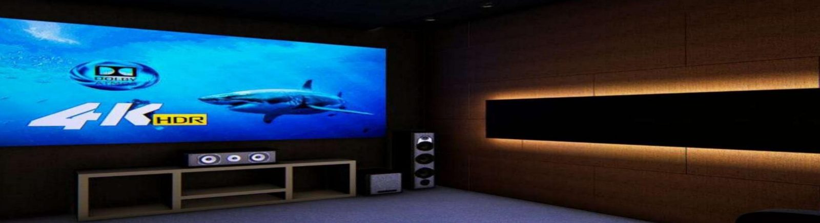 Home Theatre — Dark acoustic wall treatment with feature lighting